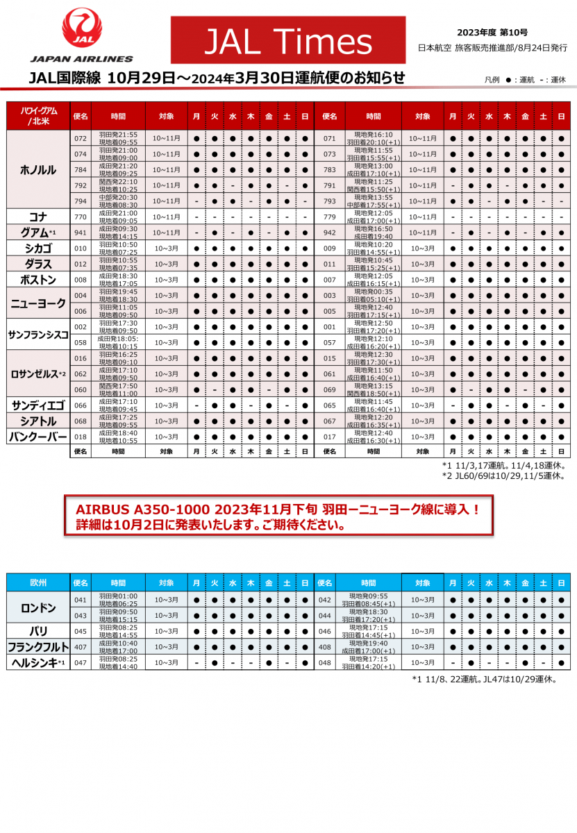 JAL TIMES 【JAL国際線10月29日～2024年3月30日運航便のお知らせ】第10号（8月増刊号） | 日本橋夢屋